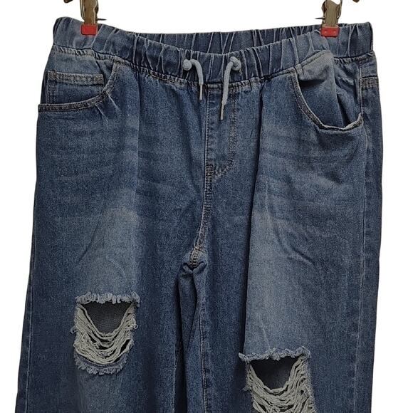 Relaxed Fit Women's Distressed Pull On Elastic Waist Jeans Med Blue Size XXL - Picture 3 of 9